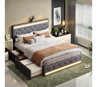FEEOHOME Lit Double 140 x 200 cm, Espace de Rangement avec 4 tiroirs et Charge USB, LED lit Fonctionnel, Cadre de lit avec tête réglable en Hauteur