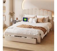 FEEOHOME Lit Double 140 x 200 cm, lit rembourré avec Rangement et tiroir, Cadre de lit avec sommier à Lattes, tête de lit réglable avec USB, pour Adulte Adolescent, Velours Nounours Beige