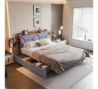 FEEOHOME Lit Double 160x200cm, lit 2 Places avec 4 Tiroirs et Sommier à Lattes, lit Coffre capitonné avec Espace de Stockage et USB, Cadre de Lits pour Adultes, Adolescents, Lin
