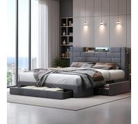 FEEOHOME Lit Double capitonné 140 x 200 cm, avec Rangement et sommier à Lattes, Lit Coffre avec tiroirs, USB et LED, Cadre de lit pour Adulte Adolescent Garcon