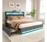 FEEOHOME Lit Double capitonné 140x200cm, Cadre de lit capitonné avec 4 Tiroirs, lit Coffre avec rangements et Sommier à Lattes, avec LED et USB pour Adultes, Adolescents