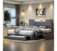 FEEOHOME Lit Double capitonné 160 x 200 cm, avec Rangement et sommier à Lattes, Lit Coffre avec tiroirs, USB et LED, Cadre de lit pour Adulte Adolescent Garcon