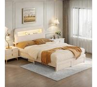 FEEOHOME Lit Double capitonné 160 x 200 cm, lit Coffre avec Espaces de Rangement hydrauliques et 2 tiroirs, Lit 2 Places avec USB et LED, Cadre de lit pour Adulte Adolescent, Velours Beige