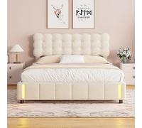 FEEOHOME Lit Double capitonné 160x200, Lit Coffre avec Rangement et sommier à Lattes, avec Fonction hydraulique et LED, Cadre de lit pour Adulte Adolescent, Velours, Beige (160x200)