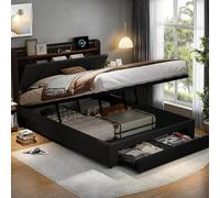 FEEOHOME Lit Double rembourré 140 x 190 cm, Lit 2 Personnes avec 2 tiroirs et sommier à Lattes, Fonction hydraulique avec LED et USB, Cadre de lit pour Adulte Adolescent Garcon, Lin Gris foncé