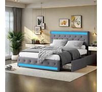 FEEOHOME Lit Double rembourré 140 x 190 cm, lit Offre avec 4 tiroirs et sommier à Lattes, Espace de Rangement avec Charge USB et LED, lit Fonctionnel, Cadre de Lits avec tête réglable