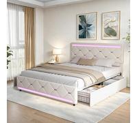 FEEOHOME Lit Double rembourré 140 x 200 cm, Lit 2 Personnes avec 4 tiroirs et sommier à Lattes, lit Coffre, tête de lit avec LED et USB, Cadre de lit pour Adulte Adolescent Garcon, Beige