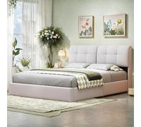 FEEOHOME Lit Double rembourré 140 x 200 cm, Lit 2 Personnes avec Rangement et LED, lit Coffre, Cadre de lit avec Fonction hydraulique et sommier à Lattes pour Adulte Adolescent, Beige