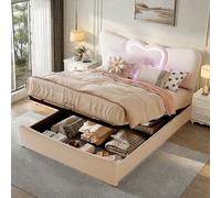 FEEOHOME Lit Double rembourré 140 x 200 cm, lit 2 Places avec Espace de Stockage et sommier à Lattes, lit Coffre avec LED et USB, Tête de Lits en Forme de cœur pour Adulte Adolescent, Velours