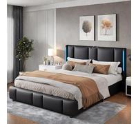 FEEOHOME Lit Double Rembourré 140 x 200 cm, lit 2 Places avec sommier à Lattes et Espace de Stockage hydraulique, Lit Coffre avec LED et Réglable USB, Cadre de lit pour Adulte Adolescent, PU Noir