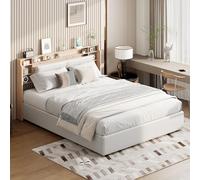 FEEOHOME Lit Double rembourré 140 x 200 cm, lit avec sommier, avec Espace de Rangement Hydraulique et sommier à Lattes, Lits capitonné avec LED, Cadre de lit pour Adulte Adolescent, PU