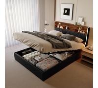 FEEOHOME Lit Double rembourré 140 x 200 cm, lit capitonné avec Grand Espace de Rangement et sommier à Lattes, Lit Coffre avec, Cadre de lit avec USB et LED pour Adulte Adolescent, PU Noir