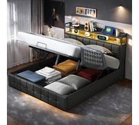 FEEOHOME Lit Double rembourré 140 x 200 cm, Lit Coffre avec Rangement et Fonction hydraulique, lit Deux Places avec USB et LED, Cadre de lit avec sommier à Lattes pour Adulte Adolescent