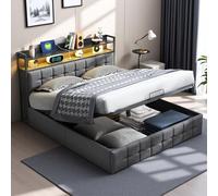 FEEOHOME Lit Double rembourré 140 x 200 cm, Lit Coffre avec Rangement et Fonction hydraulique, lit Deux Places avec USB et LED, Cadre de lit avec sommier à Lattes pour Adulte Adolescent, Gris