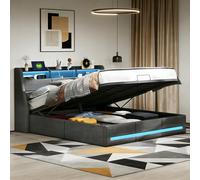 FEEOHOME Lit Double rembourré 140 x 200 cm, lit Coffre avec sommier à Lattes et Rangement, lit avec sommier, LED et USB, Cadre de Lits pour Adulte Adolescent, Lin Gris (140x200)