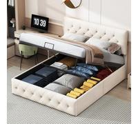 FEEOHOME Lit Double rembourré 140 x 200 cm, lit Fonction hydraulique, Lit 2 Personnes avec Espace de Rangement et sommier à Lattes, Cadre de lit avec Tête de lit réglable pour Adulte Adolescent