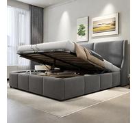 FEEOHOME Lit Double rembourré 140x190cm, lit Coffre avec Fonction de Stockage hydraulique et sommier à Lattes, Lit capitonné avec sommier, Cadre de lit pour Adulte Adolescent, Velours