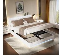 FEEOHOME Lit Double rembourré 140x190cm, lit Fonctionnel avec Espace de Stockage et sommier à Lattes, Cadre de lit avec LED et USB pour Adulte Adolescent, Lin Beige
