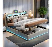 FEEOHOME Lit Double rembourré 160 x 200 cm, lit Coffre avec Espace de Stockage hydraulique et sommier à Lattes, Lit 2 Personnes avec LED et USB, Cadre de lit pour Adulte Adolescent, Velours Gris