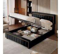 FEEOHOME Lit Double Rembourré 160x200, Lit 2 Personnes avec sommier à Lattes et Rangement, lit Coffre avec Cadre de lit, tête de lit touffetée Verticale pour Adulte Adolescent Garcon (Noir, 160x200)