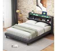 FEEOHOME Lit Double Rembourré 160x200cm, Lit de Rangement avec sommier à Lattes, Cadre de lit Double avec éclairage LED et Port USB, Convient aux Matelas de 25-30cm