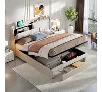 FEEOHOME lit Double rembourré160x200, Lit Coffre avec Rangement, Lit tiroir avec LED et USB, Cadre de Lits avec sommier à Lattes pour Adulte Adolescent