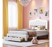 FEEOHOME lit Enfant 140x200, pour Enfant avec tiroir de Rangement, Lit Princesse avec sommier à Lattes, Cadre de lit avec LED, pour Enfant, Adolescents