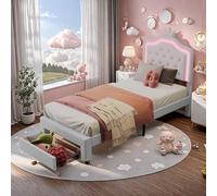 FEEOHOME lit Enfant 90x200, pour Enfant avec tiroir de Rangement, Lit Princesse avec sommier à Lattes, Cadre de lit avec LED, pour Enfant, Adolescents, Beige