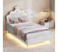FEEOHOME Lit Enfant 90x200cm, Lit pour Enfant rembourré avec lumière LED réglable, pour Fille Adolescente avec tête de Fleur et sommier à Lattes, sans Matela (Blanc)