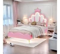 FEEOHOME Lit Enfant 90x200cm, Lit pour Enfant rembourré avec lumière LED réglable, pour Fille Adolescente avec tête de Fleur et sommier à Lattes, sans Matela (Rose)