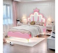 FEEOHOME Lit Enfant 90x200cm, Lit pour Enfant rembourré avec lumière LED réglable, pour Fille Adolescente avec tête de Fleur et sommier à Lattes, sans Matela (Rose)