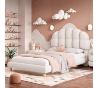 FEEOHOME lit Enfant Fille 90 x 200 cm, lit Simple rembourré avec sommier à Lattes, Lit de Princesse avec tête de lit à pétales, Tissu de Velours, sans Matelas (Beige)