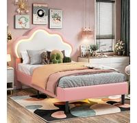 FEEOHOME lit Enfant Fille 90 x 200 cm, Lit Simple rembourré pour Enfant avec lumière LED réglable, Lit Princesse avec tête de lit Nuage, avec tête de lit LED réglable en Hauteur, PU (Rose)