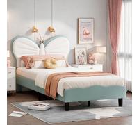 FEEOHOME Lit Enfant Fille 90x200, lit rembourré pour Fille avec Lampe de Lecture, lit Jumeaux Enfant avec Papillon tête de Lits réglable et sommier à Lattes, Velours