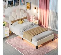 FEEOHOME Lit Enfants 90x200, lit Princesse, Cadre de lit avec tête de lit Florale et sommier à Lattes, Lit Rembourré en Velours pour Enfants, Adolescents (Beige)