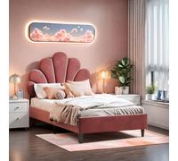 FEEOHOME Lit Enfants 90x200, lit Princesse, Cadre de lit avec tête de lit Florale et sommier à Lattes, Lit Rembourré en Velours pour Enfants, Adolescents (Bordeaux)