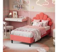 FEEOHOME Lit Enfants 90x200, lit Princesse, Lits pour Enfant avec tête de lit Florale et sommier à Lattes, Cadre de Lits en Velours pour Enfants, Adolescents