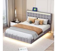 FEEOHOME Lit Flottant 140 x 200 cm, lit 2 Personnes avec LED et USB, Cadre de Lit avec sommier à Lattes et Tête de lit Réglable pour Adulte, Adolescent Garcon (Gris, 140x200)