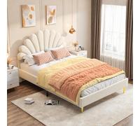 FEEOHOME Lit pour Enfant rembourré 140 x 200 cm, Cadre de lit Double avec sommier à Lattes, lit Simple/Double pour Fille Velours sans Matelas, Beige (Beige)