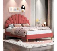 FEEOHOME Lit pour Enfant rembourré 140 x 200 cm, Cadre de lit Double avec sommier à Lattes, lit Simple/Double pour Fille Velours sans Matelas, Beige (Rouge)