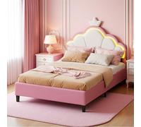 FEEOHOME Lit pour Enfant rembourré 140x200cm, Lit de Princesse en Forme de Couronne avec LED, lit Simple/Double pour Fille tête de réglable en Hauteur et sommier à Lattes, sans Matela