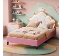 FEEOHOME Lit pour Enfant rembourré 90x200cm, Lit de Princesse en Forme de Couronne avec LED, lit Simple/Double pour Fille tête de réglable en Hauteur et sommier à Lattes, sans Matela (90x200)