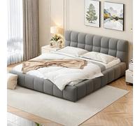 FEEOHOME Lit rembourré 140x190cm, Cadre de lit Double avec sommier à Lattes, lit Jeune à Bulles avec tête de lit rembourrée, Convient aux Matelas de 15-20cm, sans Matelas, Tissu en Lin, Gris