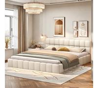 FEEOHOME Lit rembourré 140x200cm, Cadre de lit Double avec sommier à Lattes, lit Jeune à Bulles avec tête de lit rembourrée, Convient aux Matelas de 15-20cm, sans Matelas, Tissu en Lin, Beige