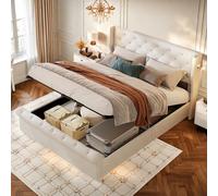 FEEOHOME Lit rembourré 160 x 200 cm, Lit Coffre avec Rangement et Fonction hydraulique, Lampe, Lits 2 Places, Cadre de lit avec USB et sommier à Lattes pour Adulte Adolescent, Beige