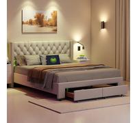 FEEOHOME Lit tiroir 140 x 190 cm, lit Double rembourré avec Rangement et 2 tiroirs, Lit 2 Places, Cadre de Lits avec LED et sommier à Lattes pour Adulte Adolescent, Velours Beige