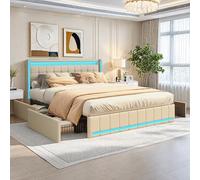 FEEOHOME Lit tiroir 140 x 190 cm, lit Double rembourré avec sommier à Lattes et 4 tiroirs, Lit 2 Personnes Multifonction avec LED et USB, Cadre de lit pour Adulte Adolescent, Lin