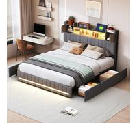 FEEOHOME Lit tiroir 140 x 200 cm, Lit Double rembourré avec sommier à Lattes et 4 tiroirs, lit Deux Places avec USB et LED, Cadre de lit pour Adulte Adolescent, Lin Gris