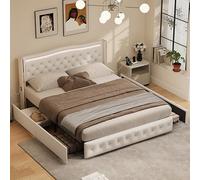 FEEOHOME lit tiroir 140x200, Lit Double rembourré avec 4 tiroirs et sommier à Lattes, Lits 2 Personnes, Cadre de lit avec lumières LED et Ports USB, pour Adulte Adolescent, Blanc, PU (140x200)