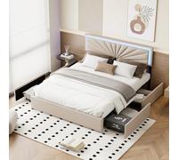 FEEOHOME lit tiroir 140x200, Lit Double rembourré, Lit Coffre avec 4 tiroirs et sommier à Lattes, tête de lit avec lumières LED, Cadre de lit réglable pour Adulte Adolescent, Lin
